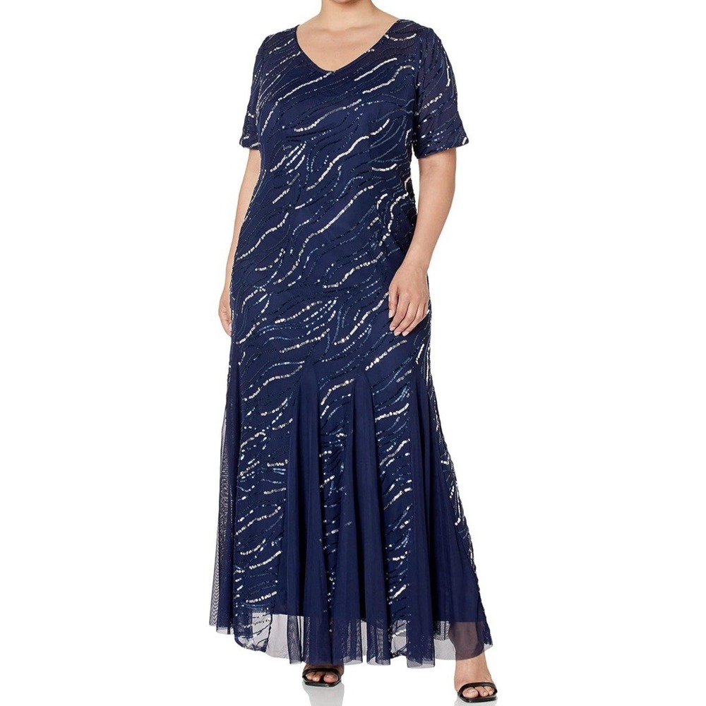 NWT Alex Evenings Women's Plus Size‎ Long Sequin Dress - Color Navy - Size 18W